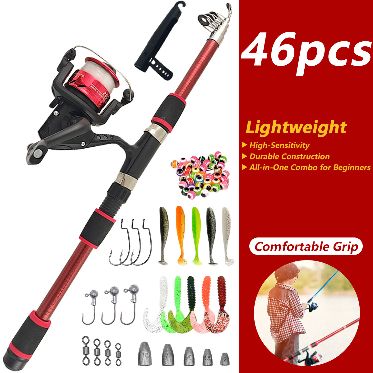 Freshwater Line - ชุดคันเบ็ดตกปลาแบบยืดหดได้ 46 ชิ้น พร้อมรอก ชุดอุปกรณ์ตกปลาแบบพกพาสำหรับผู้เริ่มต้น เด็ก