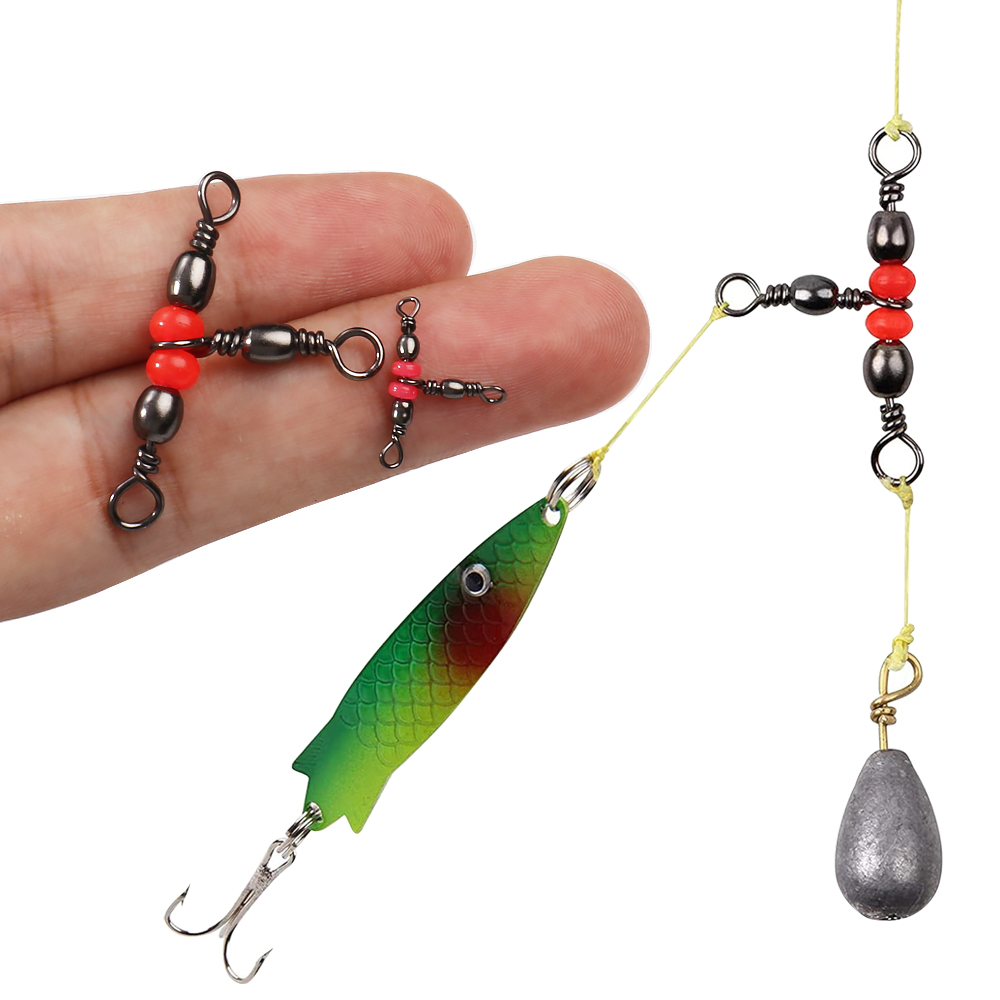 Freshwater Line - ตัวเชื่อมต่อเบ็ดตกปลาแบบสามทาง Triple Barrel T-Swivel พร้อมลูกปัดสีแดง ตัวหมุนแบบลูกกลิ้ง
