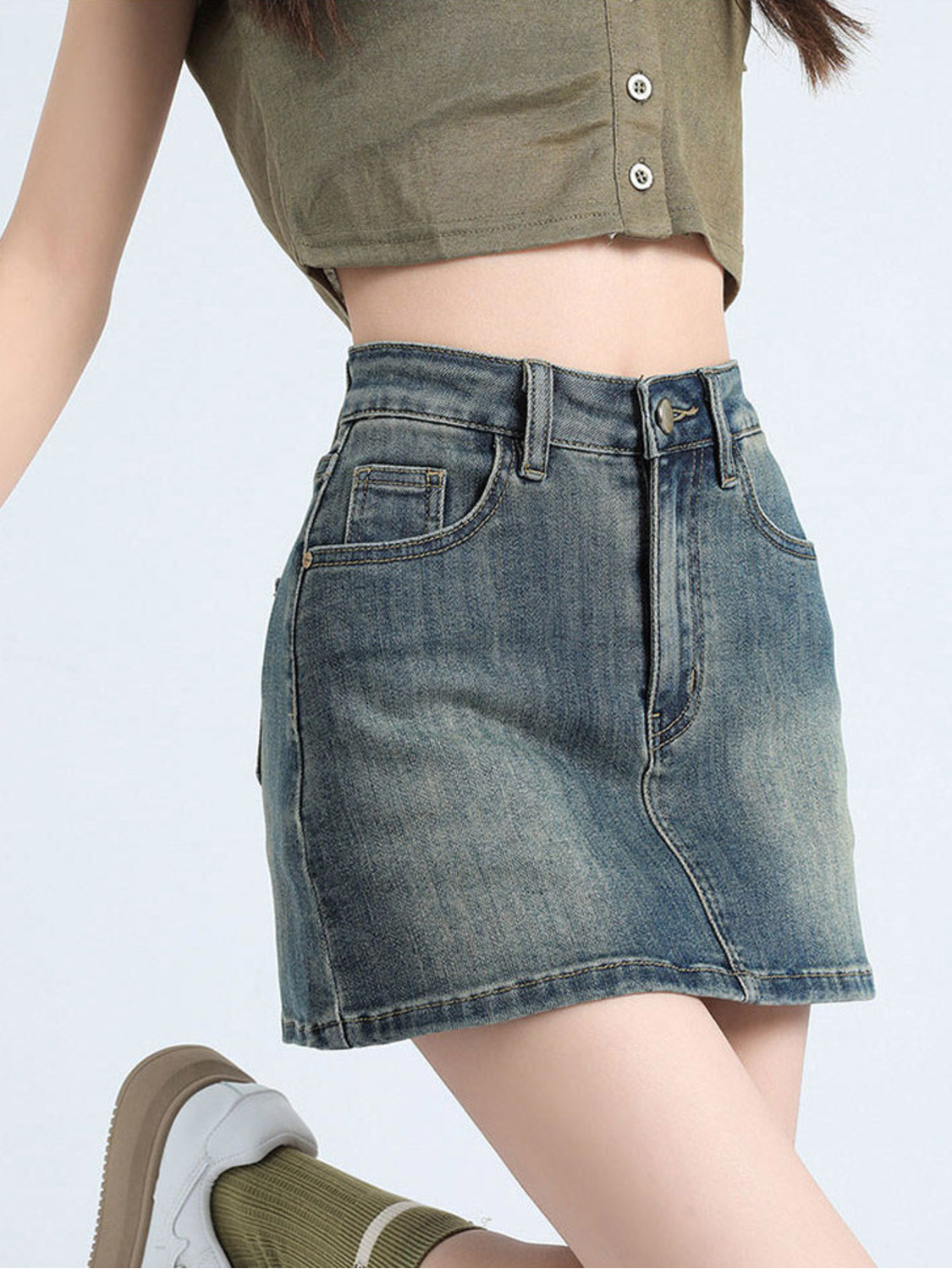 กระโปรงยีนส์วินเทจทรงสั้นสำหรั - Fly Line บทวิจารณ์และราคา