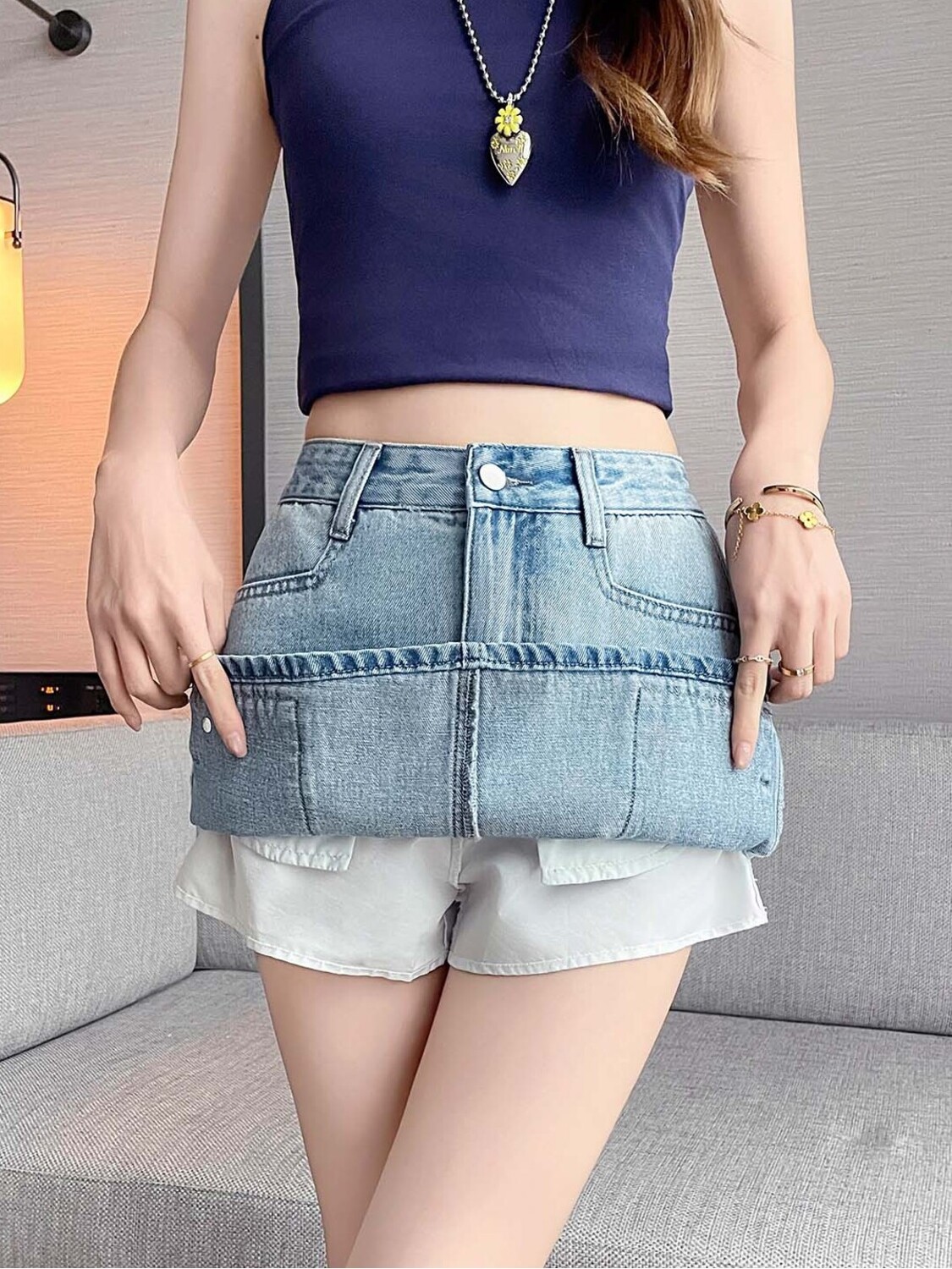 กระโปรงยีนส์ทรงเอเอวสูงสำหรับผ - Fly Line บทวิจารณ์และราคา